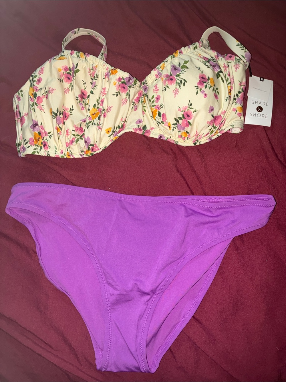 Shade & Shore Cream Floral Underwire Bikini Top with Purple Bottom